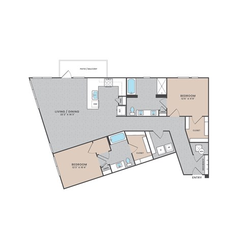 A floor plan of a house with two bedrooms, a living area, and a closet.